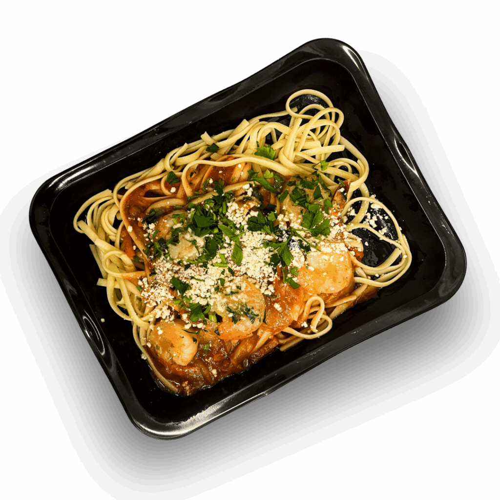 Linguine z krewetkami w sosie winno-porowym